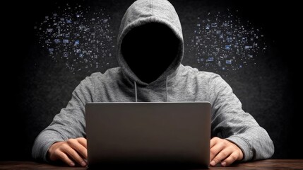 Mysterious Hooded Figure Working on Laptop Surrounded by Digital Symbols Representing Data Privacy, Cybersecurity, and Technology in a Dark Environment