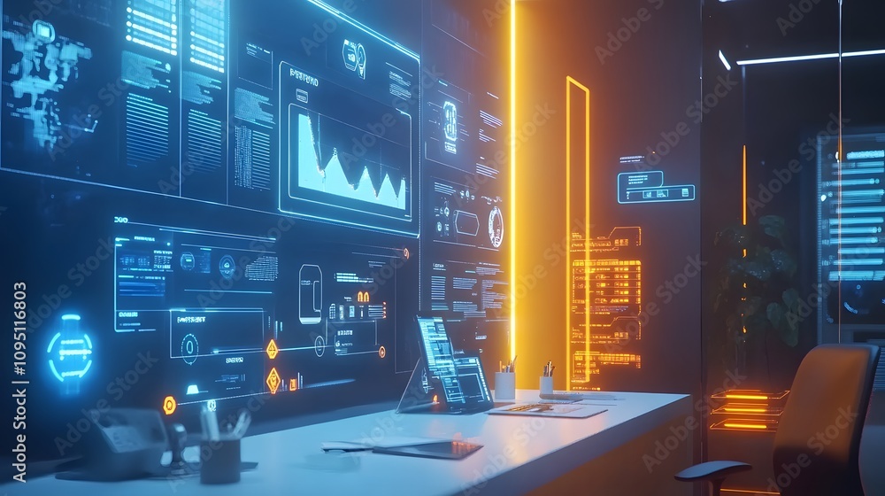 Poster A hybrid coworking hub showcasing IoT-connected team dashboards with 3D glowing progress paths and 2D task updates. 4k resolution, Cinematic Scene