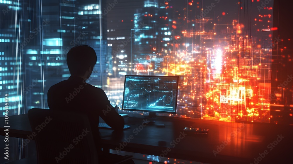 Poster A professional presenting IoT-enabled lighting systems showing 3D glowing efficiency metrics paired with 2D animated energy reports. 4k resolution, Cinematic Scene