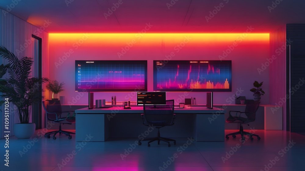 Poster A minimalist workspace where IoT-powered occupancy sensors display 3D glowing room availability metrics alongside 2D task charts. 4k resolution, Cinematic Scene