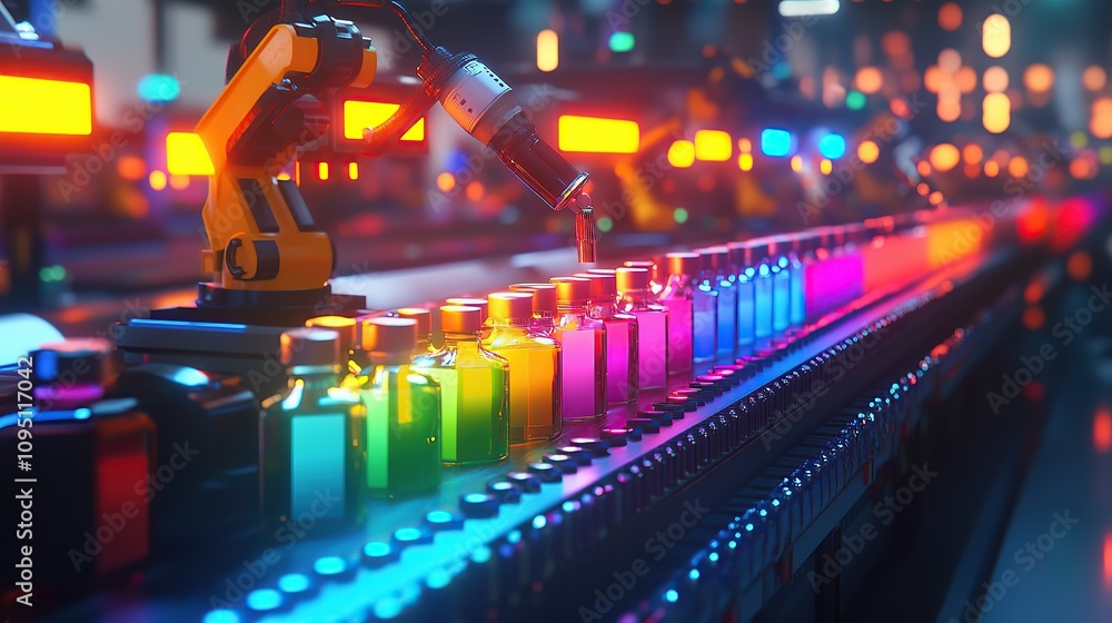 Aufkleber a robotic arm fills colorful bottles on a production line in a factory setting.