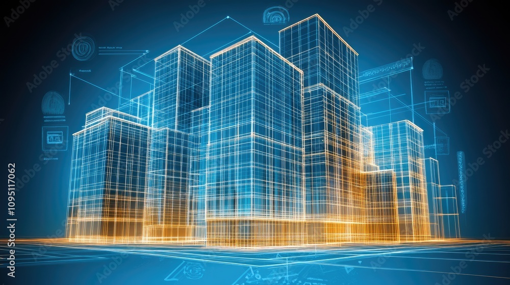 Poster futuristic urban landscape with transparent skyscrapers and digital elements representing modern arc