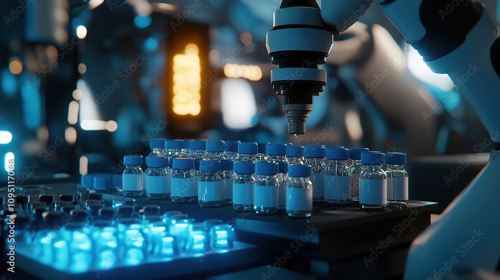 Aufkleber a robotic arm processes vials in a high-tech laboratory setting.
