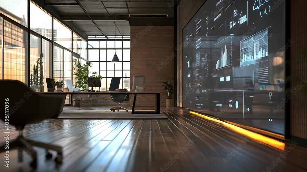 Poster A futuristic office where IoT-connected interactive boards show 3D glowing brainstorming tools with 2D actionable metrics. 4k resolution, Cinematic Scene