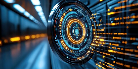 Futuristic Interface with Digital Elements and Circular Display, Creating a Sense of Motion in a High-Tech Environment of Light and Data Flow