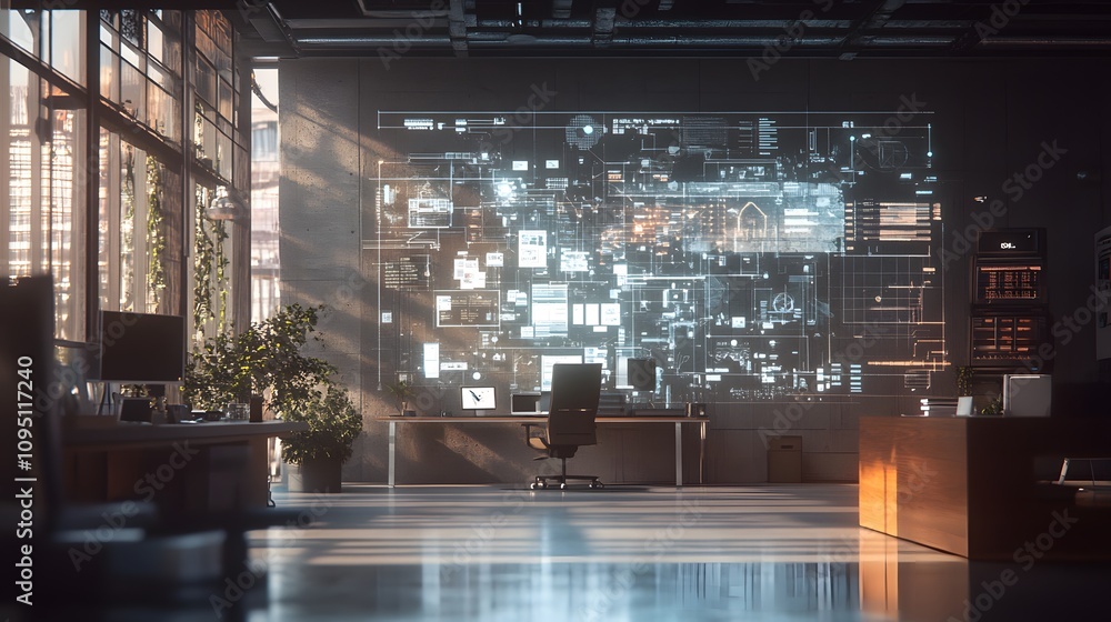 Poster A modern workspace integrating IoT-connected project management systems displaying 3D glowing workflows and 2D real-time updates. 4k resolution, Cinematic Scene