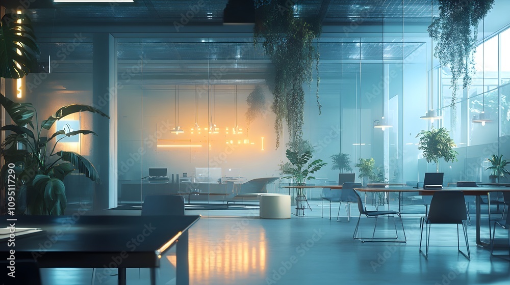 Poster a futuristic coworking hub showcasing iot-powered lighting systems that adapt via 3d glowing brightn