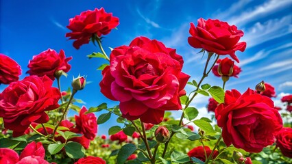 Stunning Red Roses Blooming Against a Clear Blue Sky, Capturing Nature's Splendor in a Vibrant Floral Display Perfect for Food Photography and Culinary Inspirations