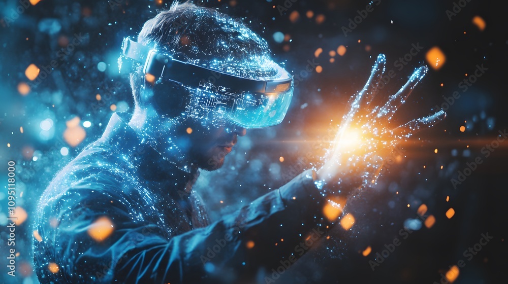 Poster a professional leveraging ar technology to enhance team connectivity in a hybrid setting. 4k resolut
