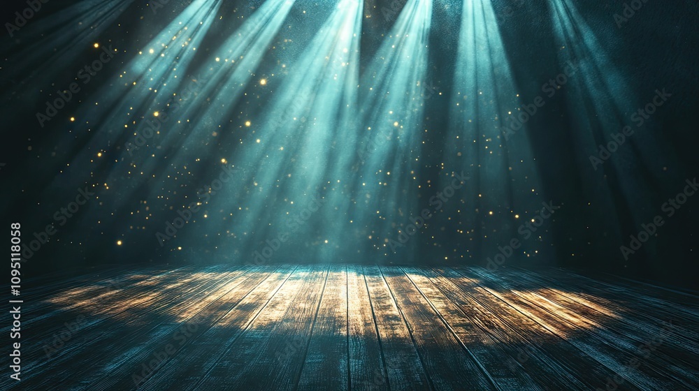 Aufkleber dramatic stage lighting with rays of light and sparkles illuminating a wooden floor in a dark atmosp