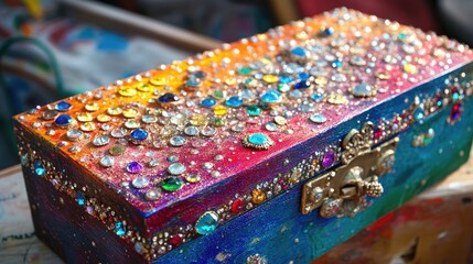 Obraz premium Colorful Decorative Box Adorned with Colorful Gems and Sparkling Rhinestones Ideal for Crafting, Home Decor, or Unique Gift Presentation in Natural Light