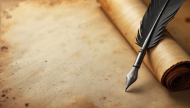 Vintage quill pen and parchment scroll in sepia tones with copy space