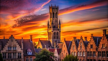 Obraz premium Stunning Silhouette Photography of the Belfry Tower in Brugge Against a Dramatic Sunset Sky, Showcasing Architectural Beauty and Historical Significance for Travel Enthusiasts