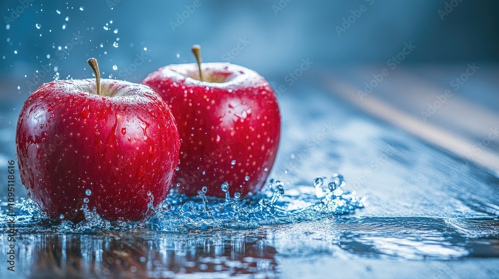 Poster fresh red apples splashing in water with droplets sparkling against a blue background on a rustic wo