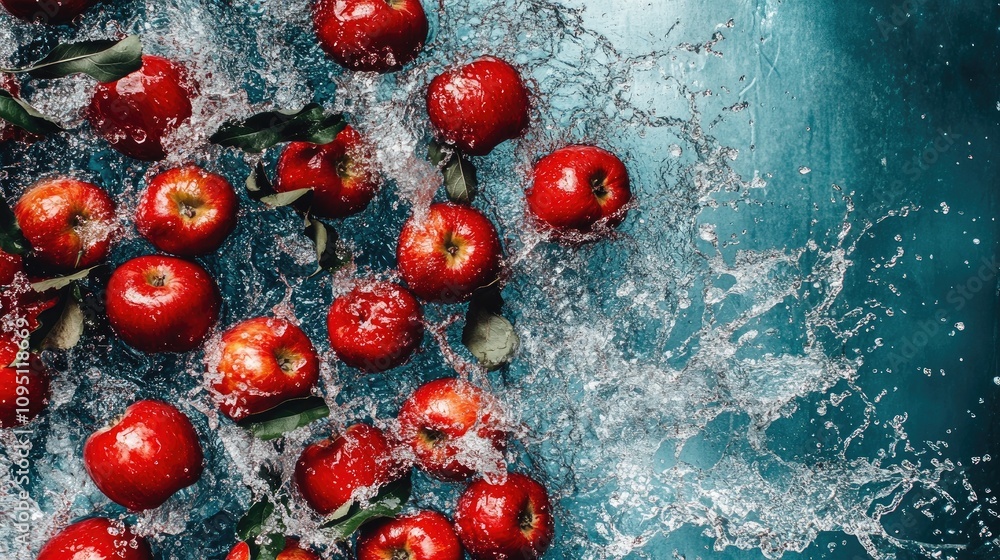 Poster vibrant red apples splashing into clear water on a blue background creating dynamic and refreshing v
