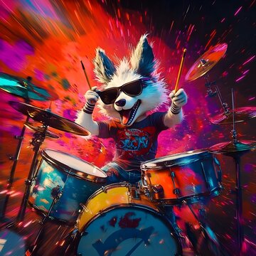 Energetic Husky Drummer Rocks Out on Colorful Funky Drum Kit in Grungy 1980s Inspired Urban Scene