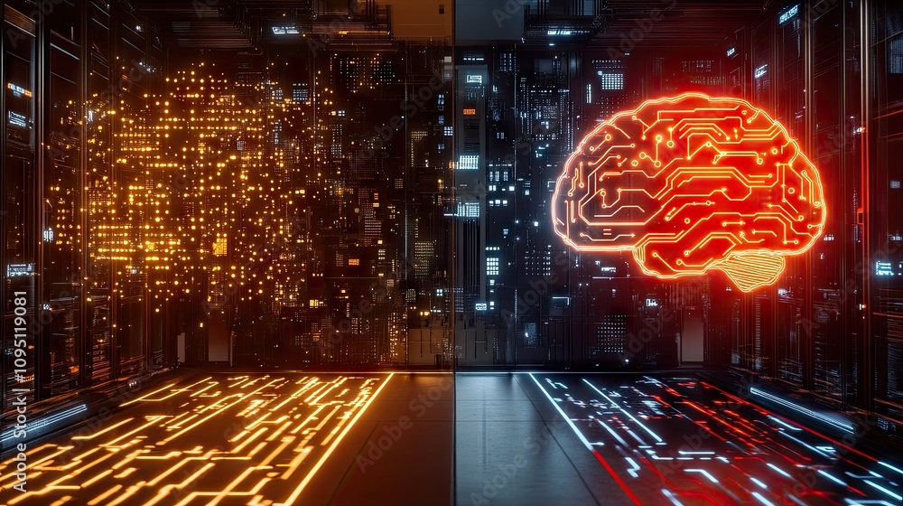 Poster Futuristic Digital Concept Representing Artificial Intelligence and Neural Networks with Glowing Brain and Data Patterns in a High-Tech Environment