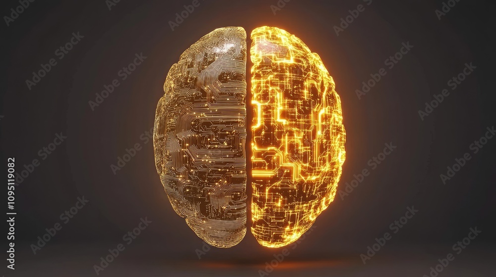 Poster stunning visualization of a human brain split into two sections showcasing a digital and organic sid
