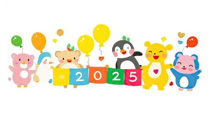 Naklejka premium Cute Cartoon Animals Celebrating New Year 2025 with Colorful Balloons and Festive Decorations in a Cheerful and Playful Style