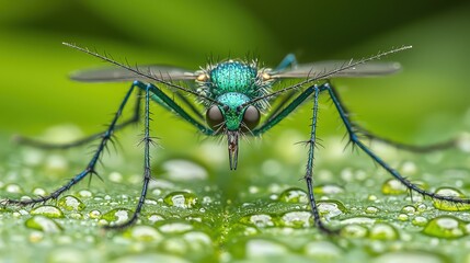Fototapeta premium Vibrant Green Mosquito on Dew Covered Leaf Macro Photography