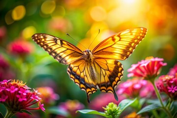 Obraz premium Stunning Tilt-Shift Photography of a Golden Butterfly in a Lush Garden Setting, Capturing the Delicate Details and Vibrant Colors Amidst Dreamy Background Blur
