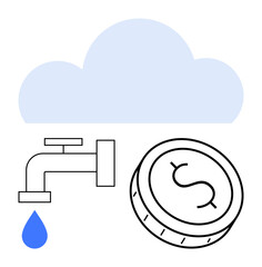 Cloud with faucet dripping water drop and coin with dollar sign. Ideal for finance, cloud services, cash flow, investment, conservation, savings, technology. Line metaphor