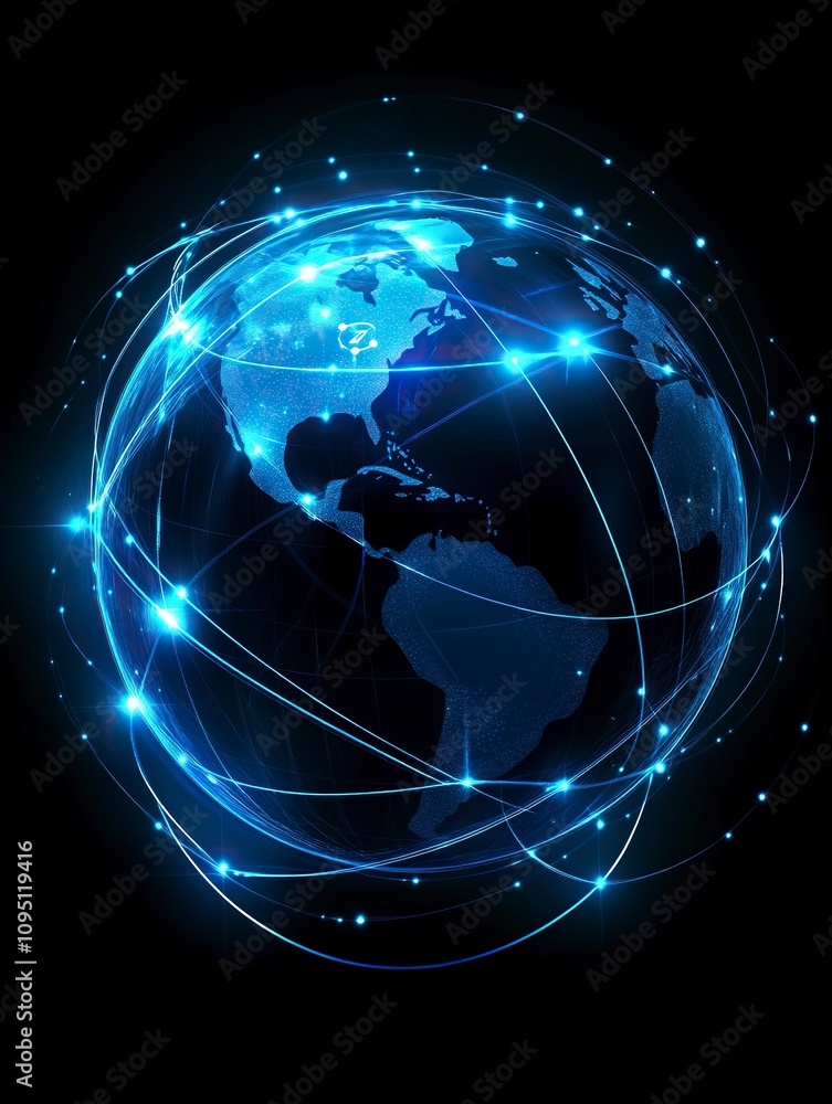 Poster night planet earth from space with light lines of communication and connection. business and finance