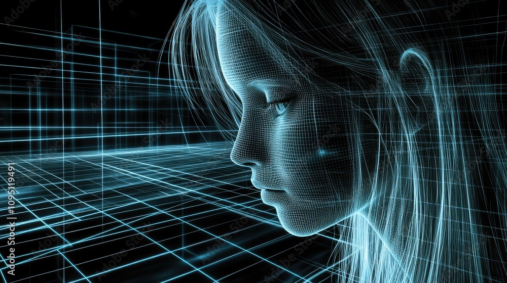 Poster futuristic digital portrait of a woman with wireframe design elements and neon light effects on a da