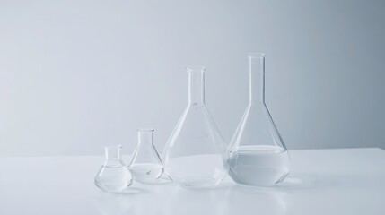Clear laboratory glassware on white background with space