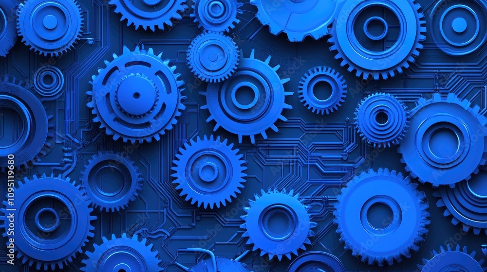 Poster blue gears and cogs background displaying intricate mechanical design and technology pattern for inn