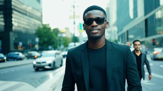 Stylish African American Man in Black Suit and Sunglasses Confidently Walking in City Street. Concept of Modern Fashion, Urban Lifestyle, Confidence, Trendy Outfits, Businessman