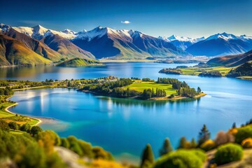 Fototapeta premium Stunning Tilt-Shift Photography of Lake Wanaka in New Zealand Capturing Panoramic Views of Mountains and Serene Waters, Ideal for Nature Lovers and Travel Enthusiasts