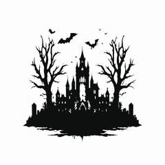 Obraz premium A dark silhouette of a haunted city skyline with a full moon, bare trees, and bats flying overhead.