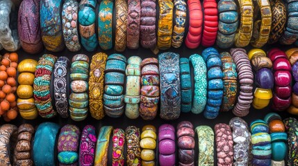 An Array of Vibrant and Diverse Jewelry Bracelets Displayed in a Beautiful Pattern, Showcasing Unique Textures, Colors, and Craftsmanship for Jewelry Enthusiasts