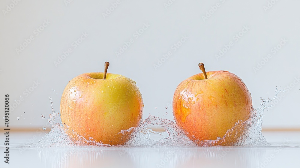 Poster fresh and juicy apples splashed in water, displaying vibrant colors and impressive water droplets cr