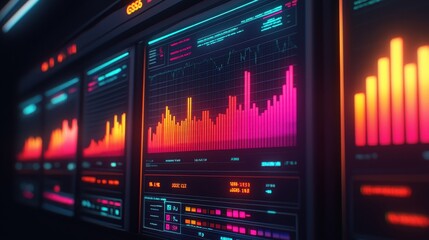 Abstract representation of dynamic data visualizations on high-tech screens showcasing vivid bar graphs and line charts in vibrant neon colors in a modern workspace