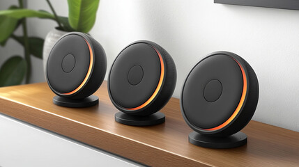 Three chic smart speakers on a warm wooden shelf blend with modern decor, enhancing the cozy...