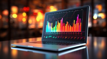 Digital business data interface featuring graphs and charts amidst blurred laptop background