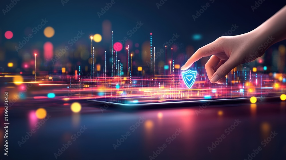Poster futuristic hand engages with digital shield icon, symbolizing cybersecurity and data protection in a