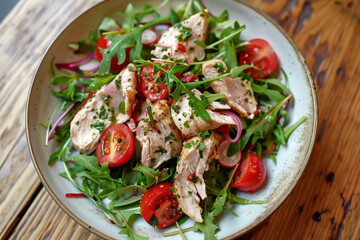 fresh salad with chicken tomatoes herbs arugula, selective focus