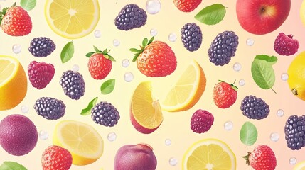 Vibrant Display of Fresh Fruits and Berries on a Soft Pastel Background Highlighting the Natural Beauty and Colors of Seasonal Produce