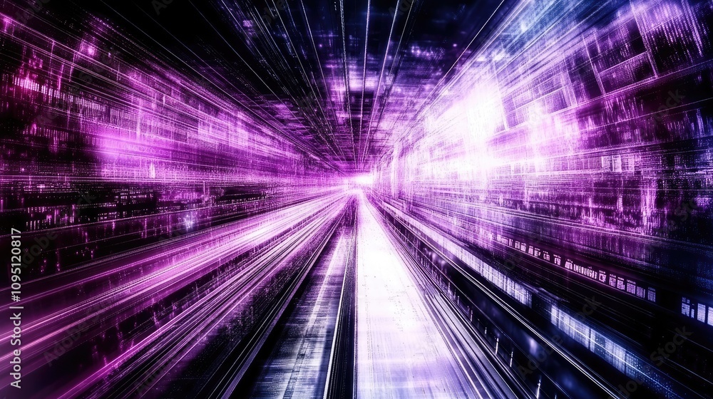 Poster Abstract digital background with vibrant purple and blue light rays extending in a burst, creating a sense of speed and technology, suitable for various design projects.