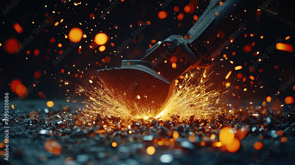 Poster a close-up of a mechanical arm creating sparks while working on metal.