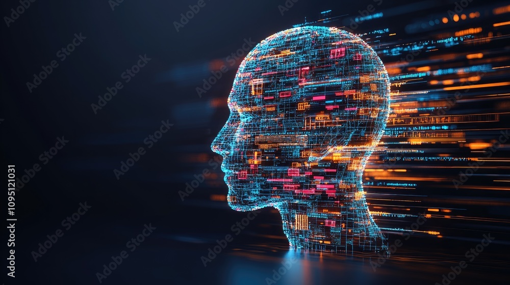 Poster futuristic digital human head silhouette with colorful data trails representing artificial intellige