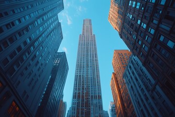 Obraz premium Impressive Skyscraper Upward City Street View, Blue and Orange Buildings