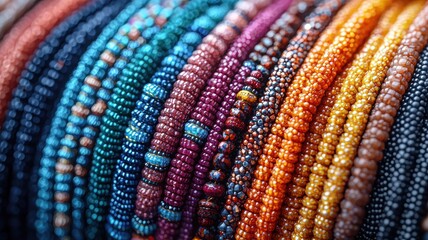 Colorful beadwork creation cultural artistry display textile craft vibrant environment close-up view high fidelity patterns