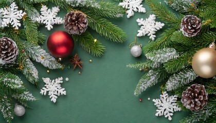 A green christmas background with pine cones and red and white balls on the branches.