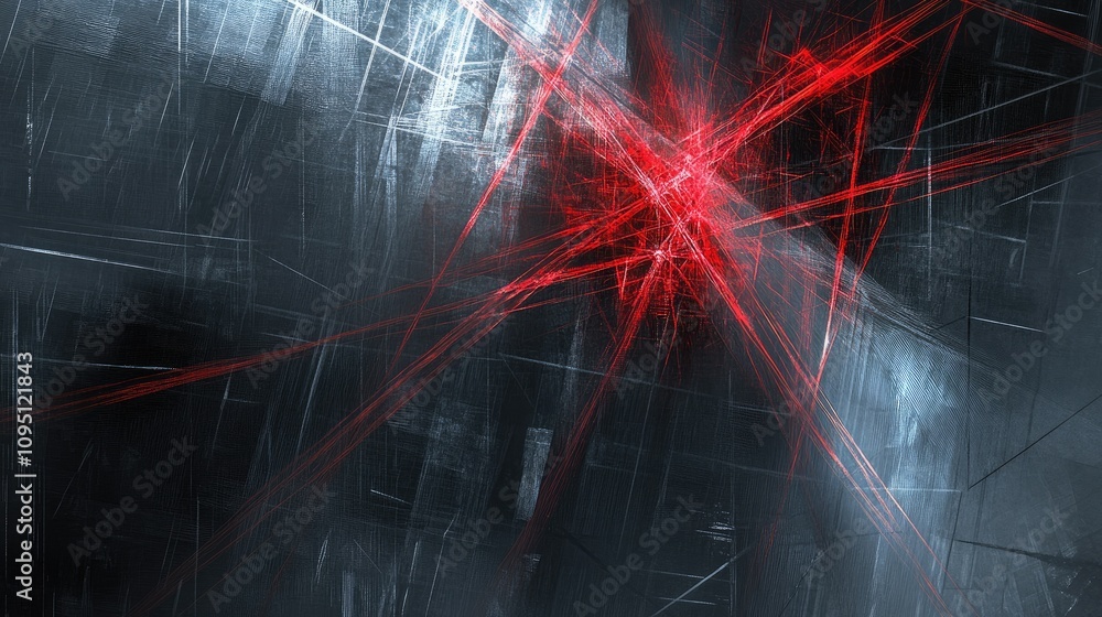 Poster Abstract digital art featuring dynamic red lines intersecting on a dark textured background, creating a striking visual effect and modern aesthetic appeal for various design projects