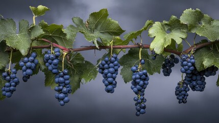 Fresh and Juicy Dark Grapes Hanging on a Vine Against a Dramatic Stormy Sky, Showcasing Nature's Bounty in Organic Farming and Wine Production