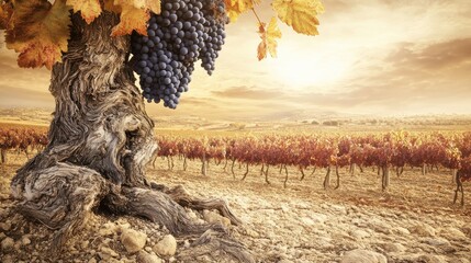 Majestic Grape Vine with Hanging Grapes and Autumn Leaves in a Golden Sunset Overlooking a Vine Field with Rich Soil and Scenic Horizon